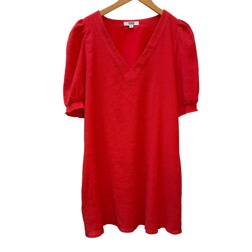 BB Dakota Steve Madden  Coral Red Texture Puff Sleeve V-Neck  Shift Dress Sz M